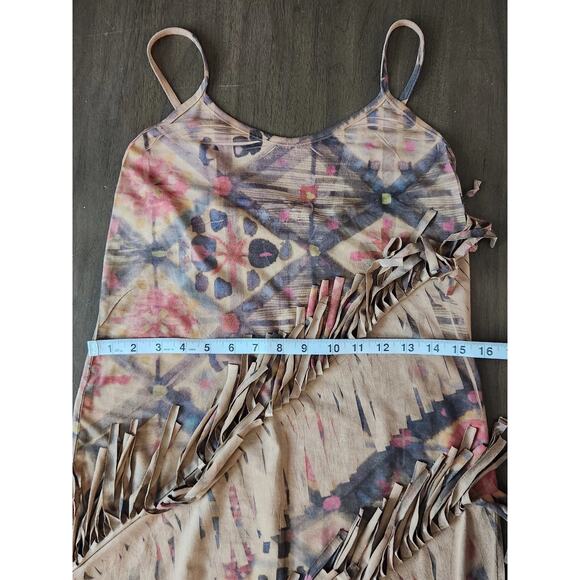 Y2K Kimika Ethnic Tribal Faux suede Shift Mini Dress w/ Fringe Euro Summer M - Picture 7 of 9